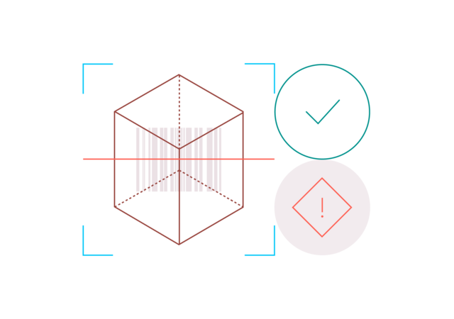 Illustration of a barcode next to a checkmark and a warning symbol