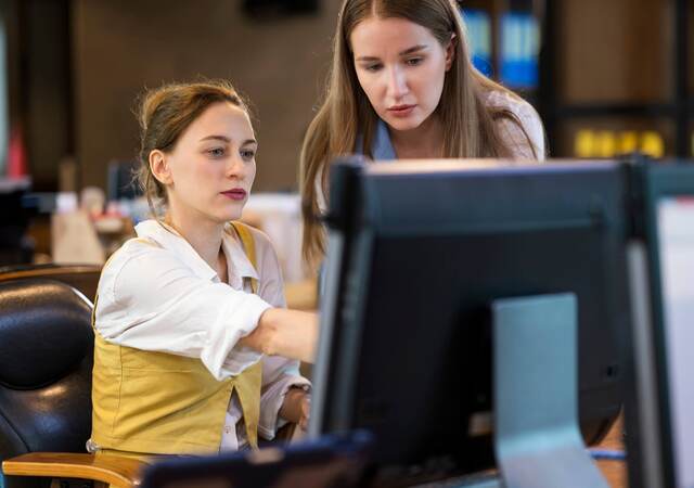 Two business colleagues collaborating in front of a computer