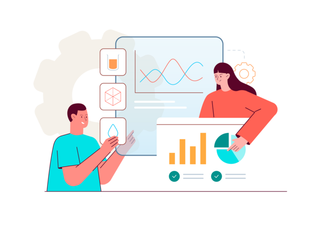 Illustration of two people looking at several graphs