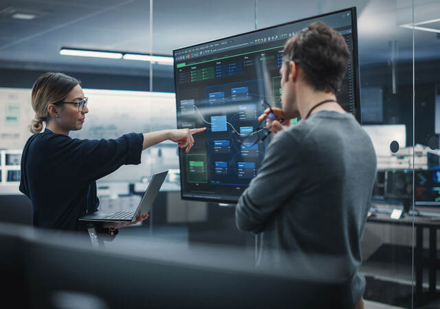 a person pointing at a screen, with another person watching