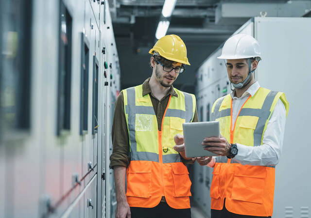 Two engineers working and checking status on a switchgear electrical energy distribution at a substation room