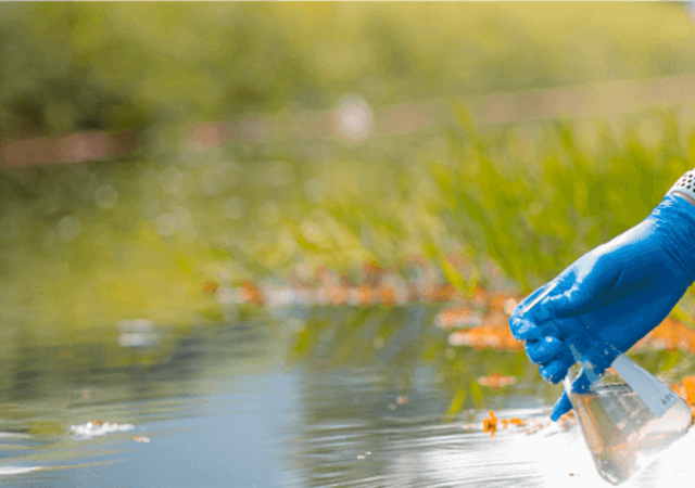 scientist collecting water sample from a lake