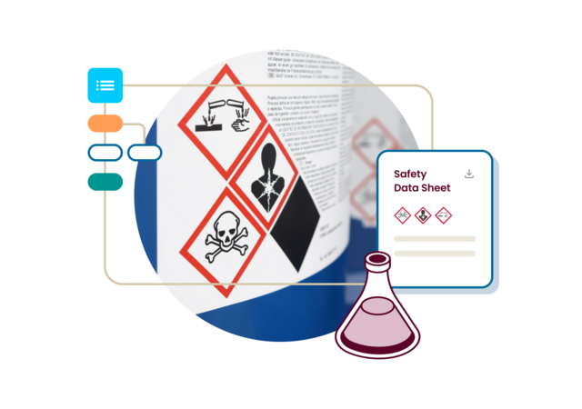 Illustration of an SDS and flask next to a closeup of safety information on the bottle of the chemical