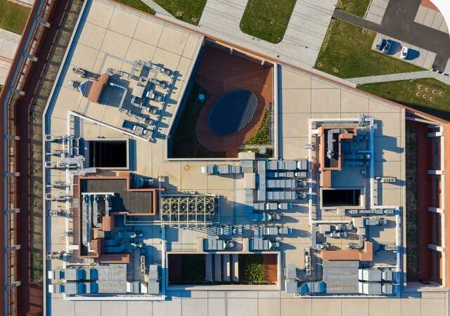 aerial view of building rooftop