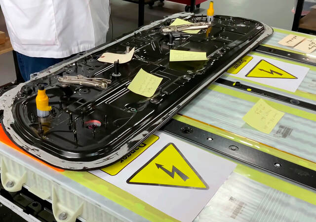 Close-up of a mechanic repairing an electric car battery