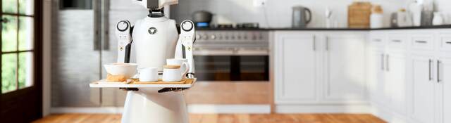 Serving robot holding tray in a kitchen.