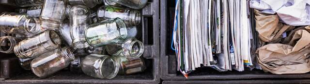 Boxes with Separate collection of waste for recycling to become recycled content.