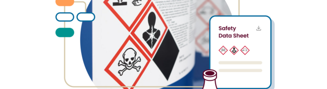 Illustration of an SDS and flask next to a closeup of safety information on the bottle of the chemical