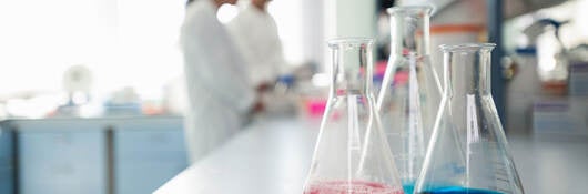 Flasks in foreground with scientists in background