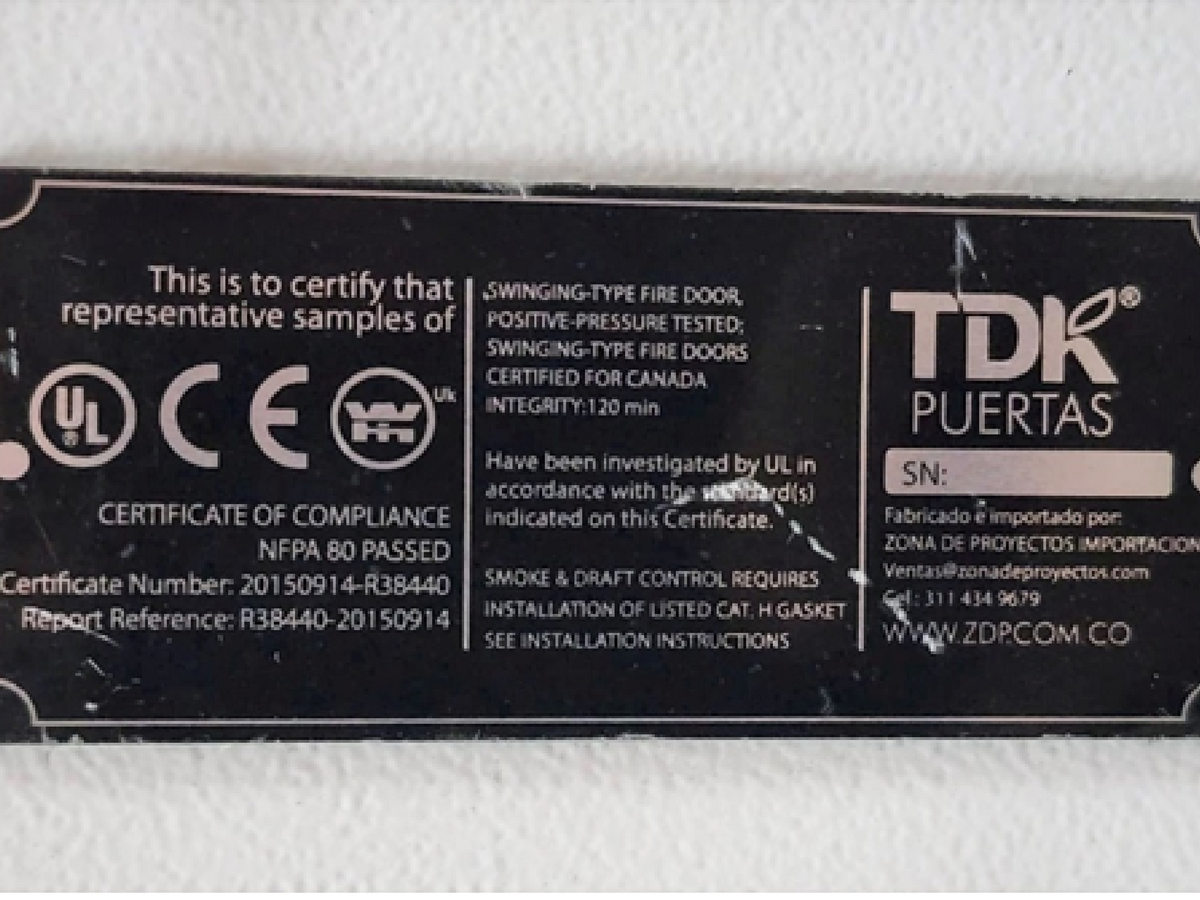 Unauthorized UL certification label on fire door