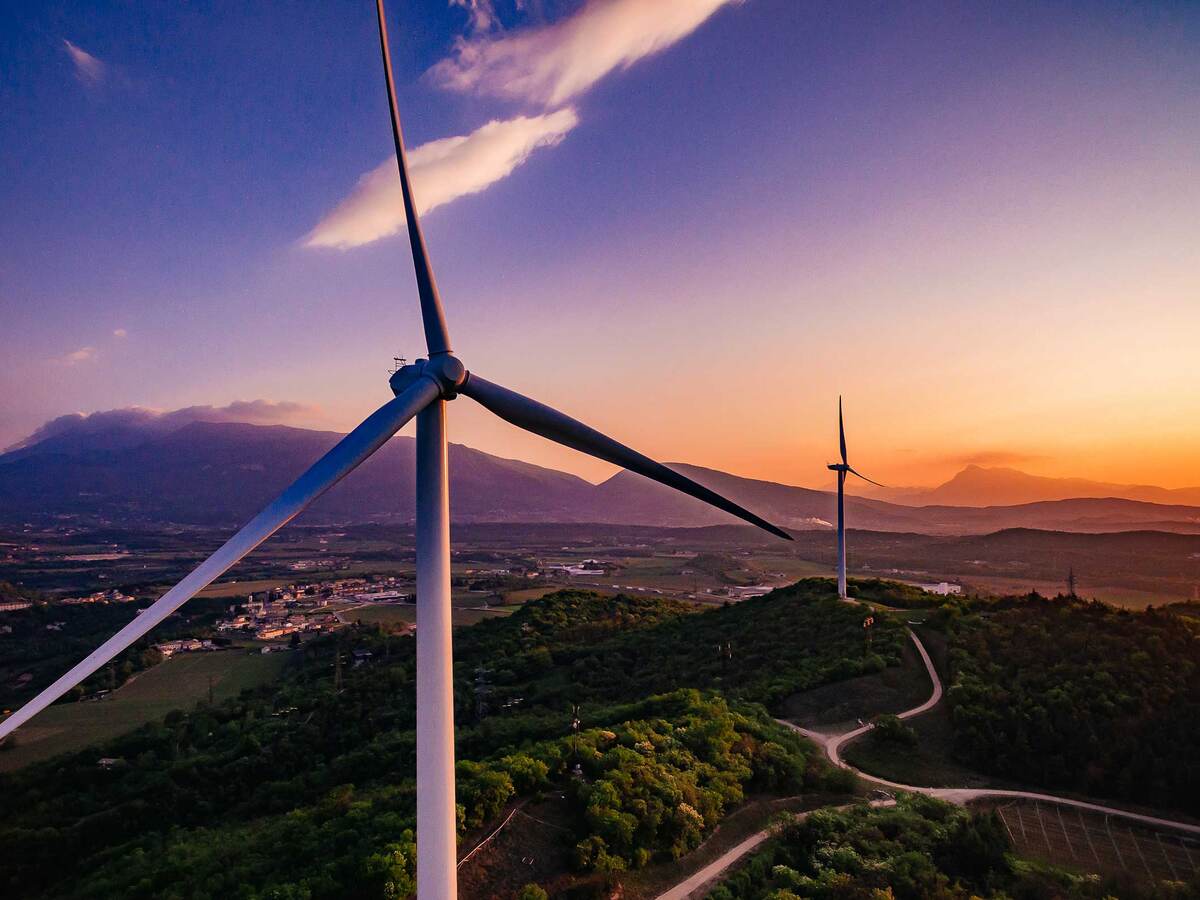 Closeup of a wind turbine at dawn