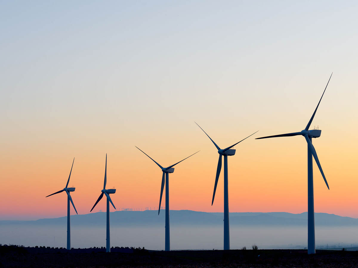 A line of wind turbines at dusk