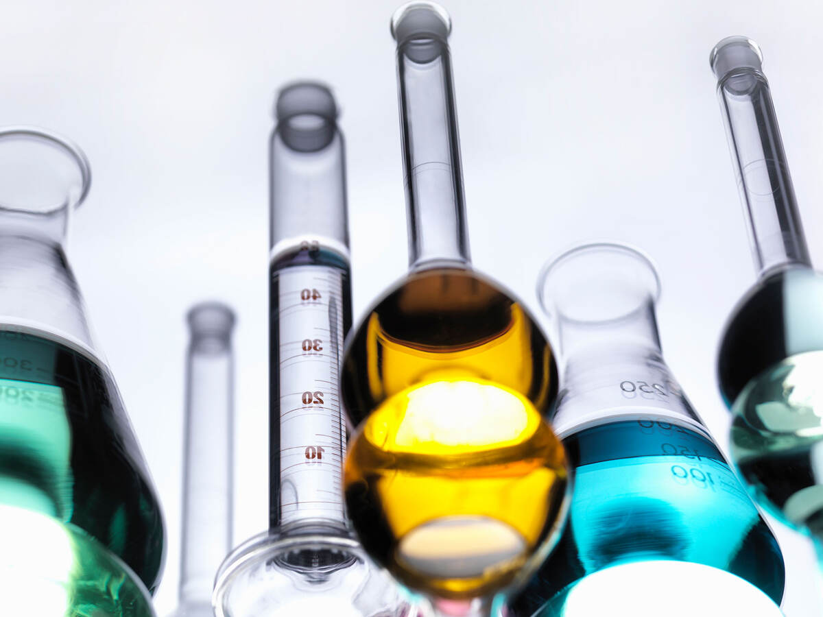 A collection of laboratory glass with colorful liquids