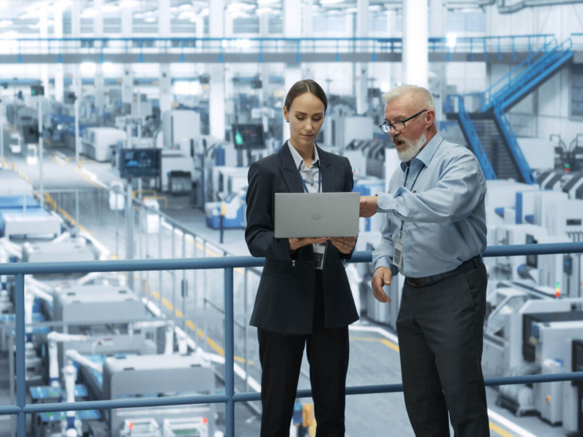 Two executives working together in a factory