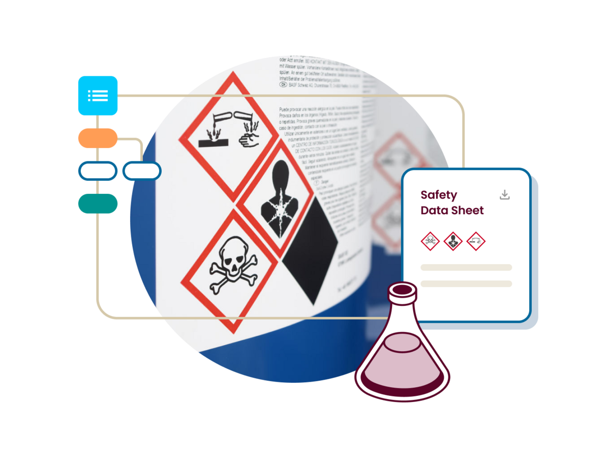 Illustration of an SDS and flask next to a closeup of safety information on the bottle of the chemical