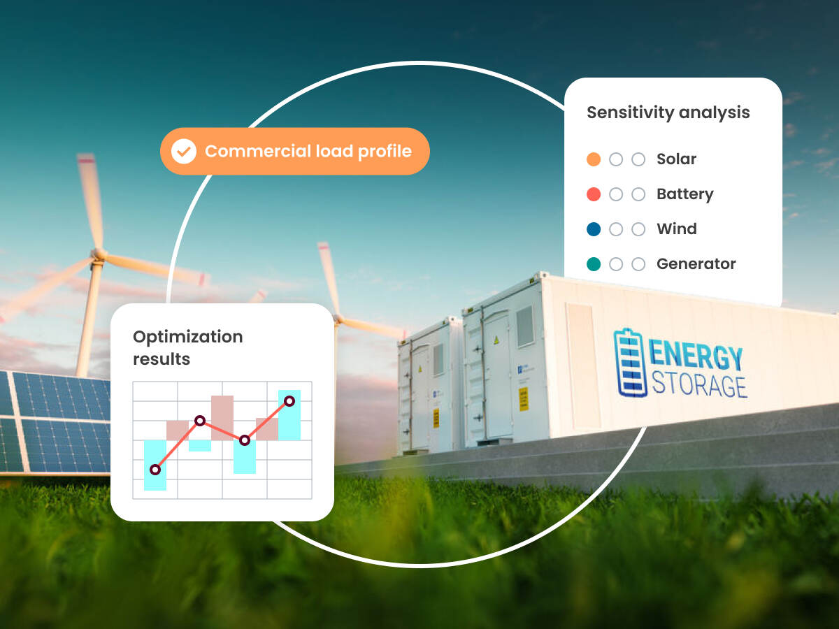 Graphic depicting the relationship between energy storage and renewable power and the ways HOMER® software can help