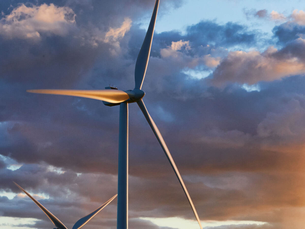 Closeup of a wind turbine at dusk