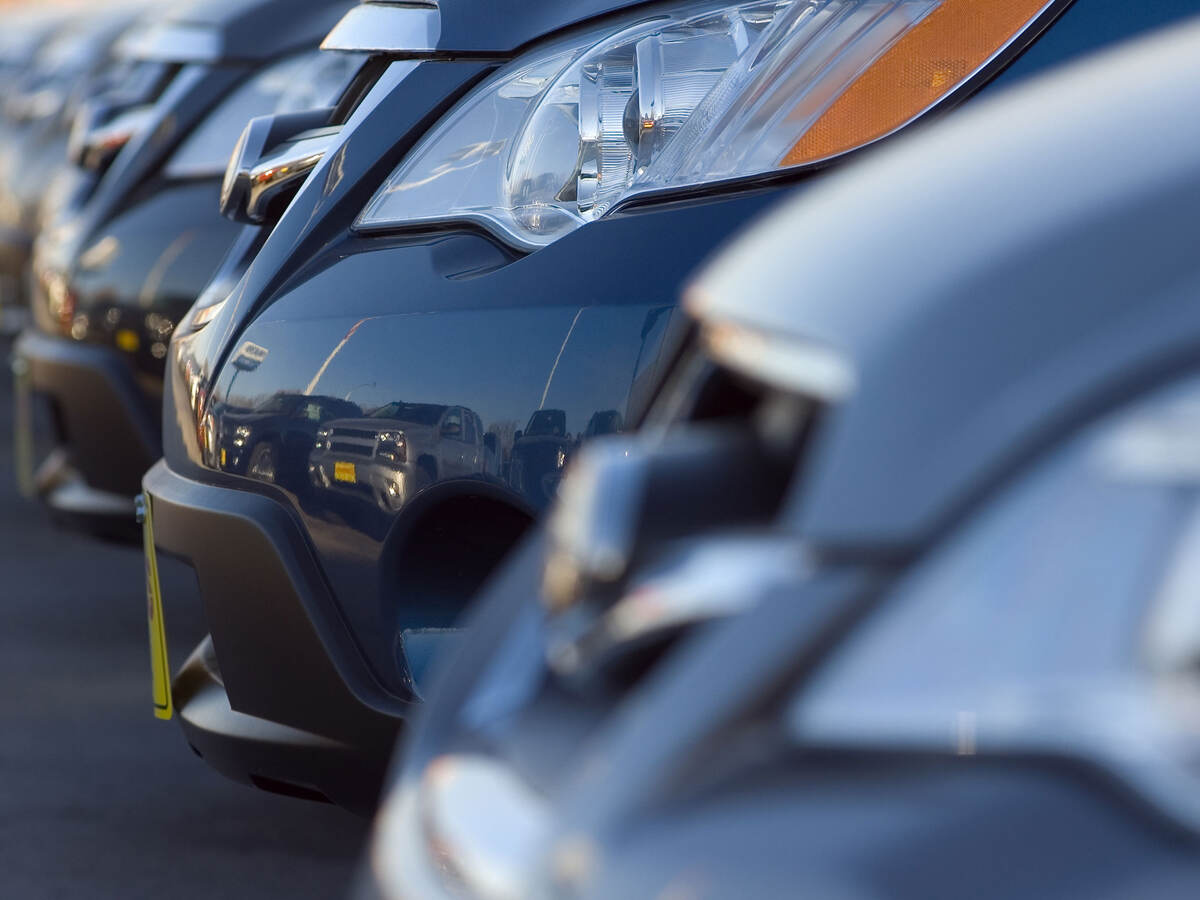 The bumpers of several new cars