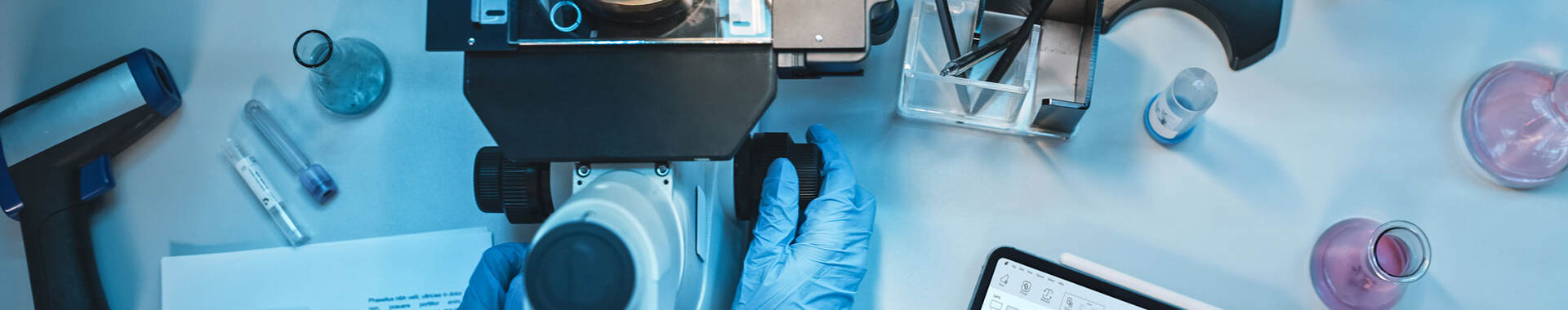 Top down view of a medical research scientist in blue rubber gloves using a microscope next to a tablet with virus data displayed