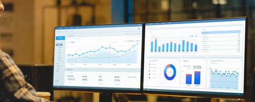 two monitors showing graphs and data